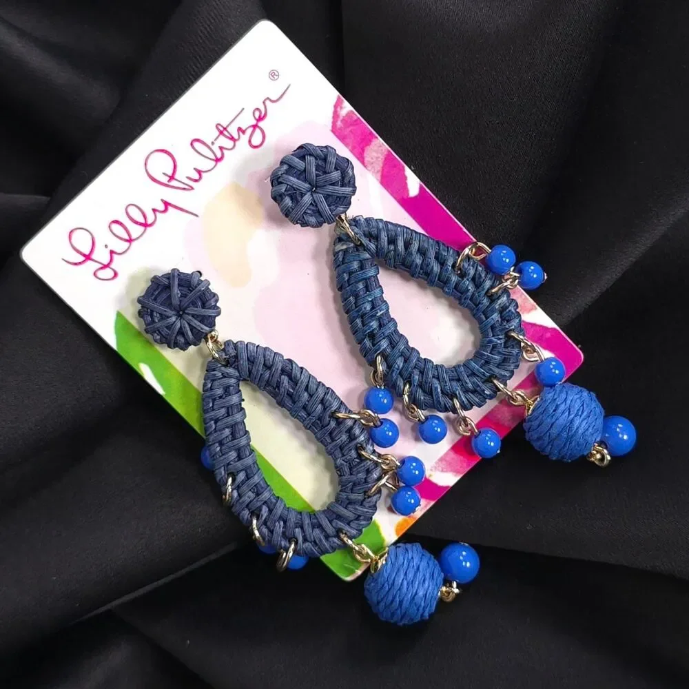 LILLY PULITZER Women's New Alba Blue Raffia Teardrop Beaded Drop Earrings 013493